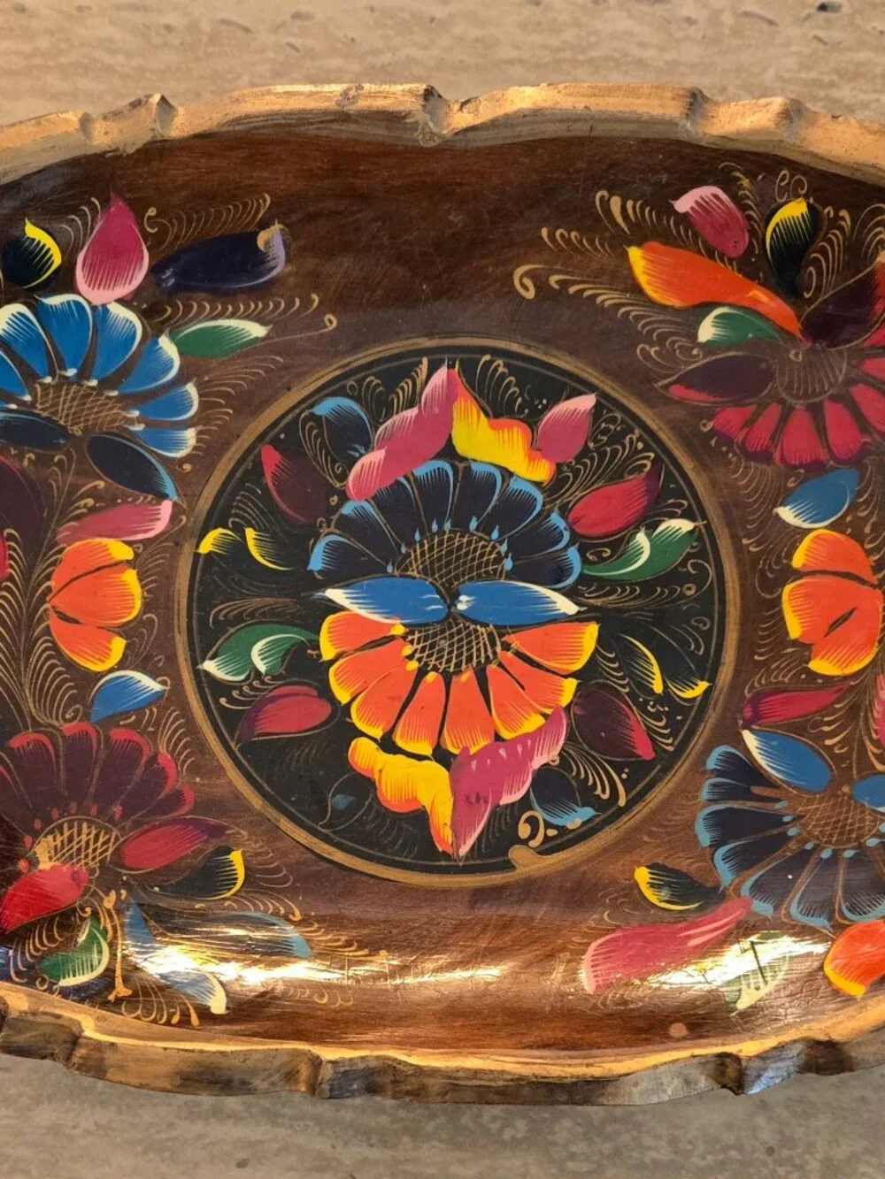Hand Painted Mexican Folk Art Wood Oval Bowl/Tray Floral Design 11.5”x7.75